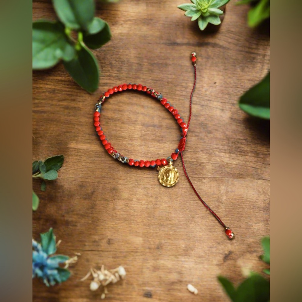 Vermillian & Jet Swarovski Crystals w/Gold Tone Mother Mary Charm Pull Cord